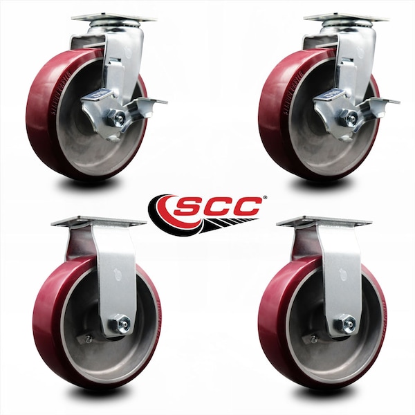 6 Inch Poly on Aluminum Caster Set with Roller Bearings 2 Brakes 2 Rigid SCC